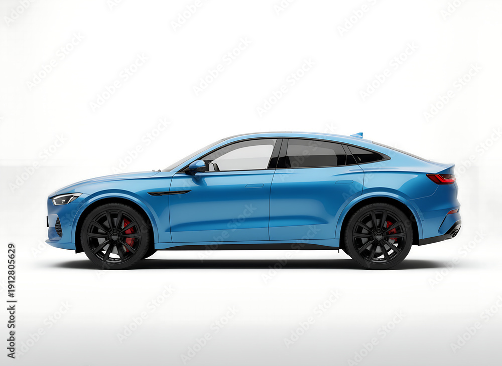 Fototapeta premium Sleek blue luxury sports sedan parked on white background