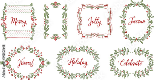 Christmas Holiday Wreath And Frame Vector Illustration Set Featuring Festive Botanical Borders Ribbons And Seasonal Greenery