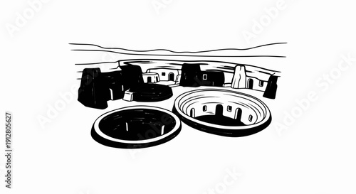 An ancient settlement with circular structures and buildings under a vast horizon