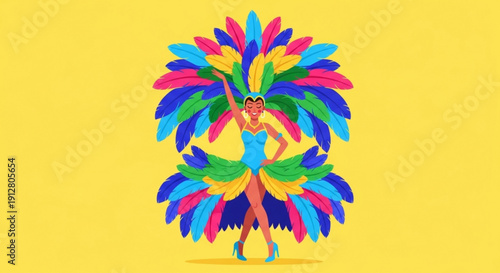 Carnival dancer in colorful feather costume vibrant celebration illustration for festival and party design isolated on yellow background