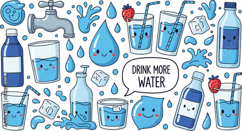 Drink More Water Flat Vector Illustration Set Featuring Cute Kawaii Hydration Icons Glasses Bottles And Droplets