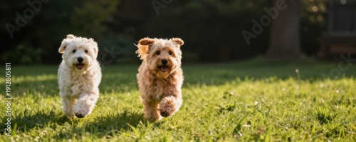Two playful dogs running happily on green grass in the park on a sunny day