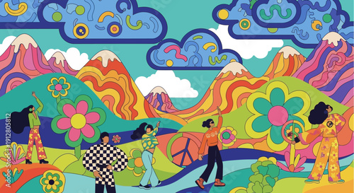 Psychedelic 60s Retro Landscape with Dancing People, Flowers, and Peace Signs