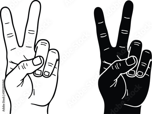 Solid and Outline "Peace Sign" Hand Gestures, Stylized Vector Comparison: Minimalist Victory Hand Icons, vector, illustration, silhouette