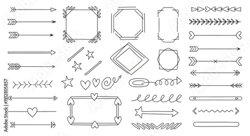 Hand-Drawn Doodle Elements: Arrows, Frames, Borders, Stars, Hearts - Vector Set