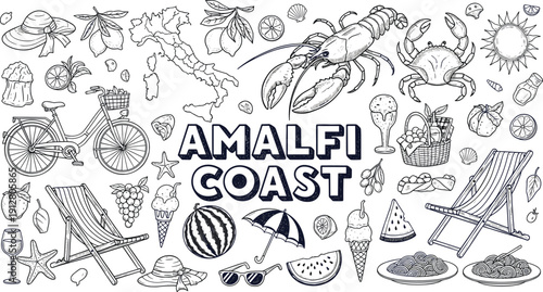 Amalfi Coast Italy Travel Line Art Illustration Set Featuring Seafood Lemons Bicycle Beach Chairs And Gelato