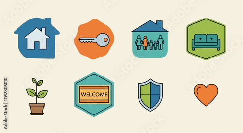 Set of Home and Family Icons: House, Key, Family, Sofa, Plant, Welcome Mat, Shield, Heart