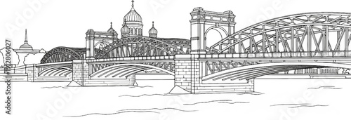 An artistic sketch depicts a large, ornate bridge with arches and towers over a body of water