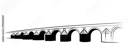 An arched aqueduct, depicted in a stark black and white graphic style, spans horizontally
