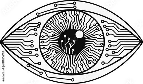 An eye design integrating circuitry and electronic pathways for a technological look