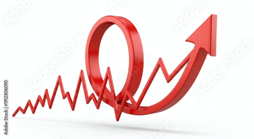 Red 3D line graph arrow twisting into roller coaster loop