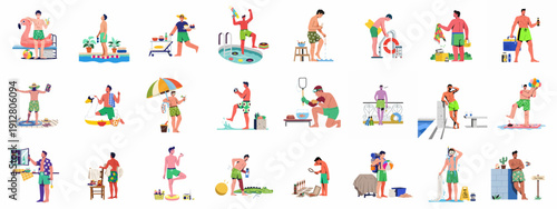 Set of illustrations showing diverse men enjoying summer vacations, swimming, sunbathing, partying, and maintaining a healthy poolside lifestyle.