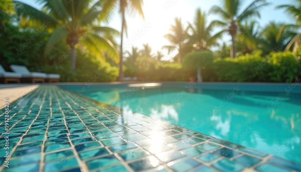 Fototapeta premium Sunny tropical poolside with clear turquoise water and palm trees. Blue mosaic tiles border the pool edge. Loungers sit near water. Lush green plants surround pool area.