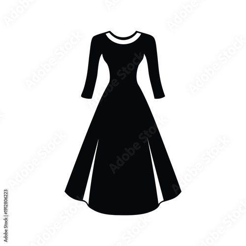 Elegant black and white silhouette vector illustration of a long-sleeved dress with a fitted bodice and a flowing skirt, asymmetrical dress silhouette vector illustration