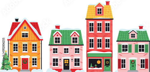 Winter Christmas Village Flat Vector Illustration Featuring Colorful Snow Covered Houses With Holiday Wreaths And Tree