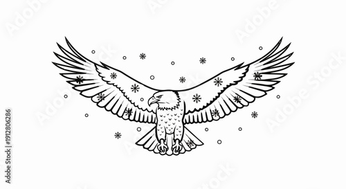 An eagle soars with wings spread wide amidst falling snowflakes