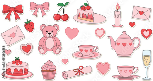 Pink Coquette Aesthetic Sticker Set with Teddy Bear Teapot Hearts Cake and Romantic Flat Vector Illustration