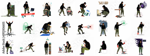 Cybersecurity Threats and Criminal Activities Set: Illustrations of Hackers Breaking Physical and Digital Security Systems, Data Theft, and Sabotage.