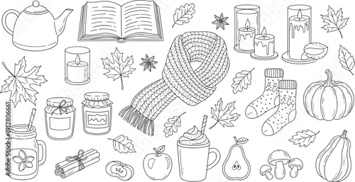 Cozy autumn lifestyle vector elements set with candles, warm scarf, pumpkins, hot drinks, and fallen leaves, cad drawing flat vector illustration