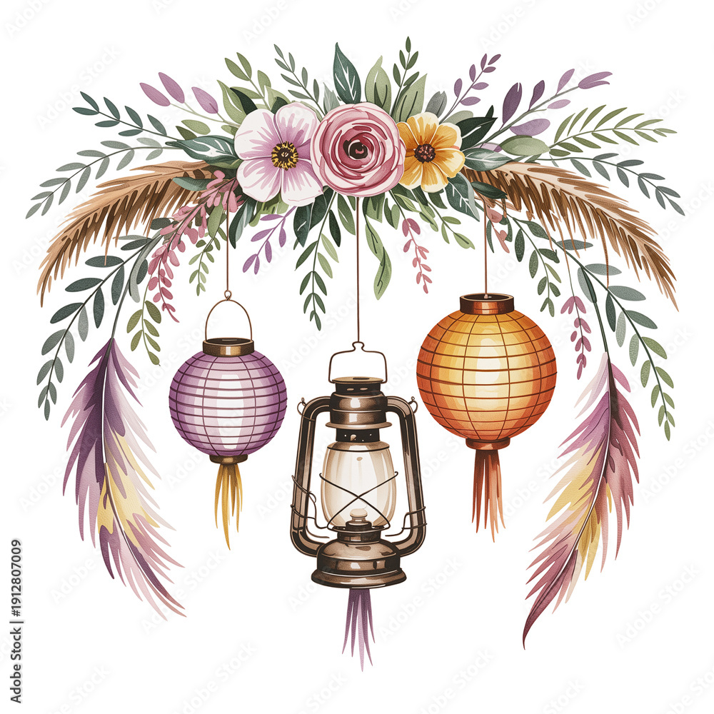 Obraz premium A bouquet of vibrant flowers and leaves creates a lush canopy above three lanterns