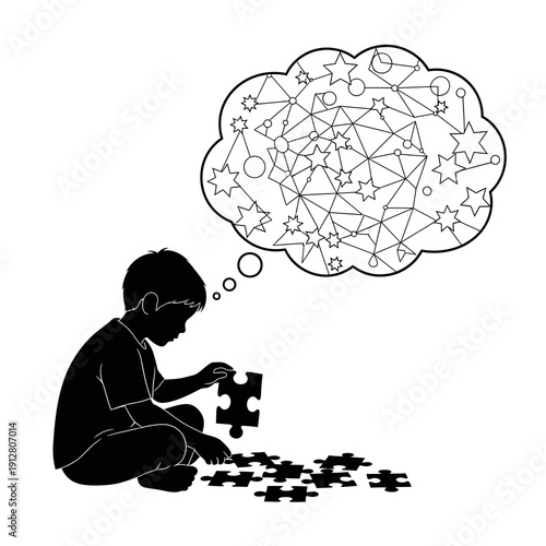 Child solving jigsaw puzzle with creative thinking and problem-solving thought bubble illustration