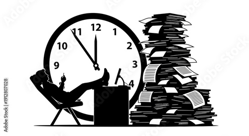 Stressed professional relaxing with clock and piles of paperwork in office setting