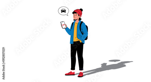 illustration of a young man with a backpack and beanie hat using a smartphone app to call a taxi or ride-sharing car.