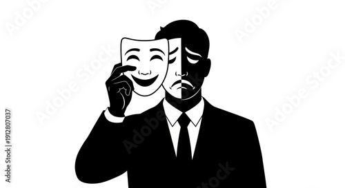 Business professional holding dual-faced comedy and tragedy masks, black and white illustration