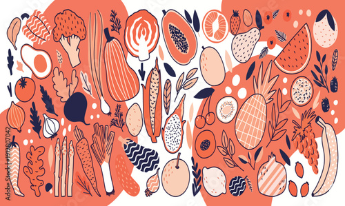 An appealing artistic illustration featuring a vibrant collection of fresh fruits and vegetables