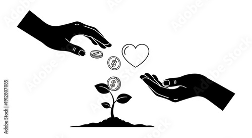 Black and White Hands Planting Money Seeds with Heart Growth Concept Illustration