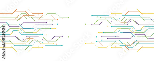 Dynamic abstract technology background with colorful interconnected lines representing data flow and digital networks