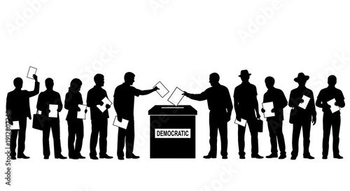 Voters casting ballots in democratic election with diverse silhouettes and ballot box