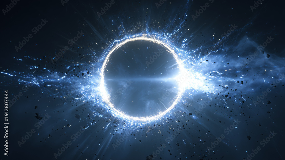 Obraz premium 宇宙空間に輝く光のリングと星屑が広がる幻想的SF背景素材