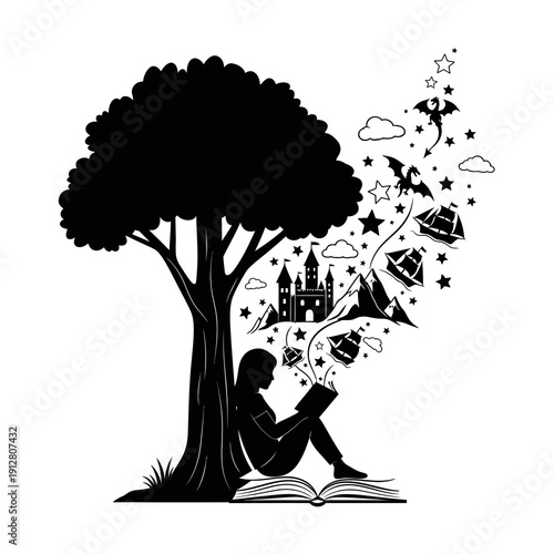 Black and White Illustration of Woman Reading Under Knowledge Tree with Books Flying