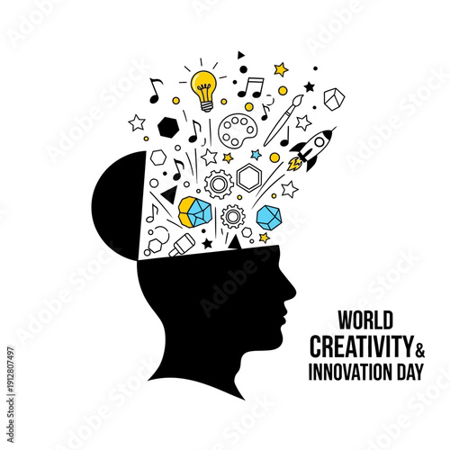 World Creativity and Innovation Day Concept with Silhouette Brain Filled with Ideas