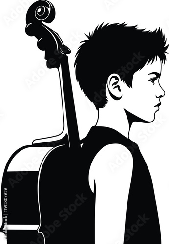 Black and White Detailed Portrait of Young Boy Musician Carrying a Cello on his Back, Male Child Artist Vector Illustration, Classical Music Instrument and Youth Talent Concept Isolated.