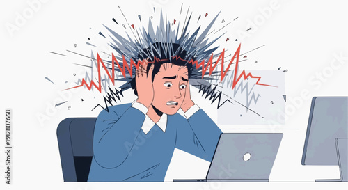 Employee covering ears suffering from sensory overload and noise stress.