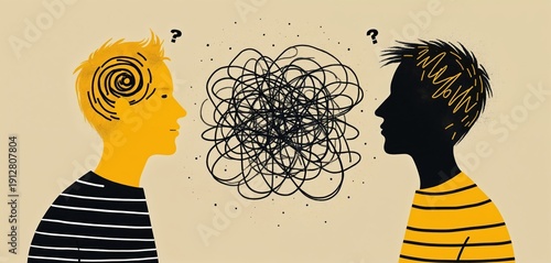 Two profiles face with chaotic tangled lines between. One profile shows spiral in head, shows lines. Question marks hover above both heads confusion, miscommunication.