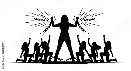 Empowered Woman Breaking Chains with Inspired Crowd Silhouette Illustration Vector Art