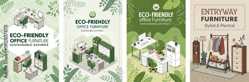 A collection of eco-friendly office furniture illustrations featuring green tones.