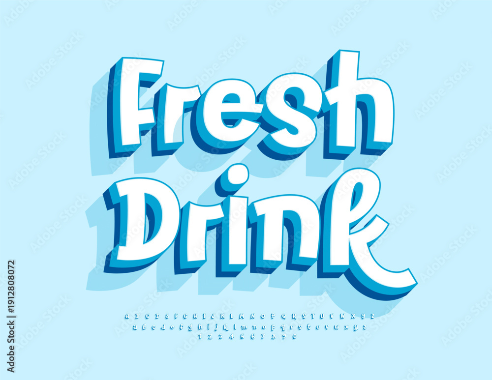 Fototapeta premium Vector Wellness label Fresh Drink. Playful White Font. Creative 3D Alphabet Letters and Numbers