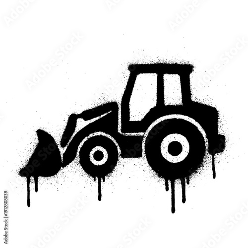 Black Graffiti Stencil of a Backhoe Loader with Spray Drip Effect