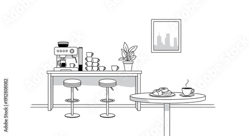 Modern minimalist cafe interior illustration in line art style.