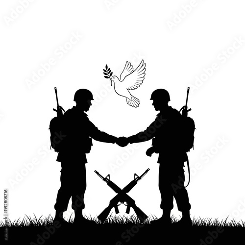 Two Soldiers Shaking Hands Under Peace Dove with Rifles Silhouette Vector Illustration