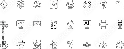 Data analytics icon set. Big data analysis technology symbol. Containing database, statistics, analytics, server, monitoring, computing and network icons. Solid icons vector collection.
