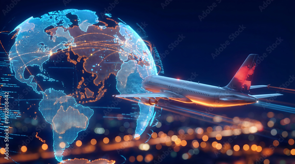 Obraz premium Modern airplane flying over digital global map at night