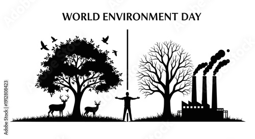 World Environment Day Contrast Illustration: Pollution vs Conservation with Human Impact