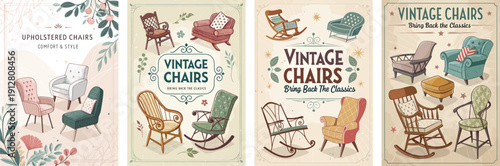 Artistic collection of vintage chairs in various styles and colors.
