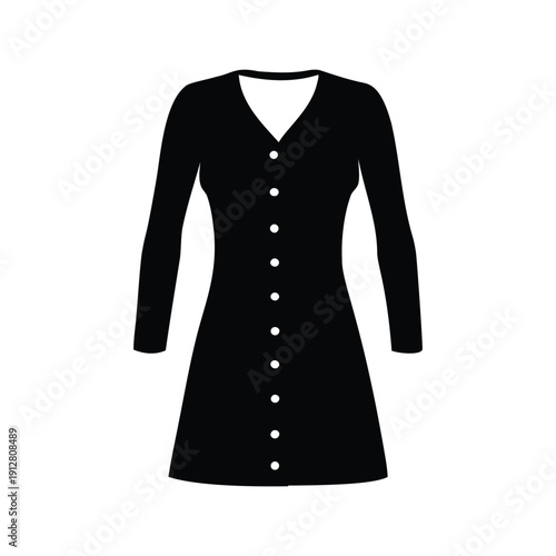 Elegant black and white dress with buttons and v-neck silhouette vector illustration, buttonup cardigan dress silhouette vector illustration