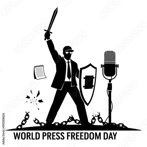 World Press Freedom Day Illustration: Journalist Breaking Chains with Sword, Shield, and Microphone Symbolism